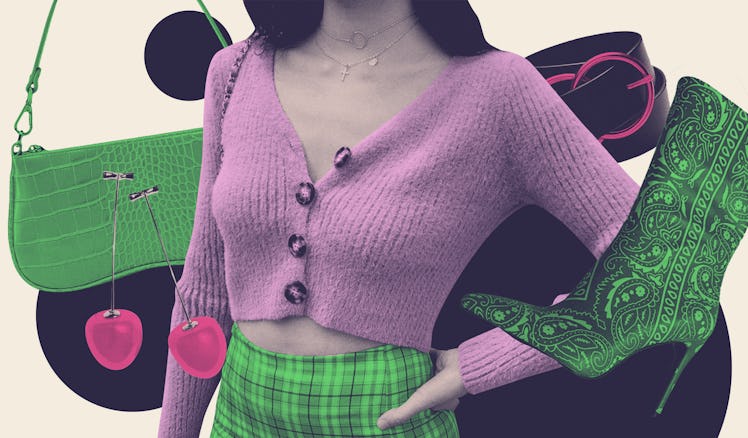 A collage of a female in a purple sweater with collage skirt with illustrations of a high heel boot,...