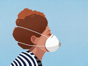 In illusttration of a woman in a striped shirt wearing a face mask