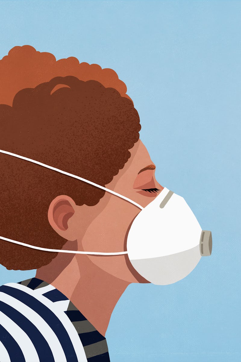 In illusttration of a woman in a striped shirt wearing a face mask
