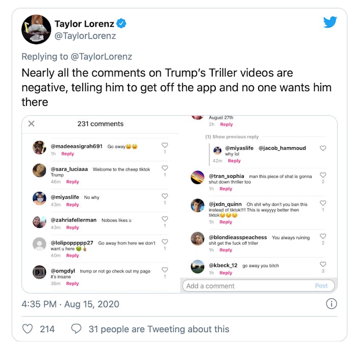 Comments on President Trump's Triller videos are largely negative.