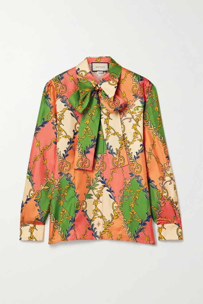Pussy-Bow Printed Silk-Twill Blouse