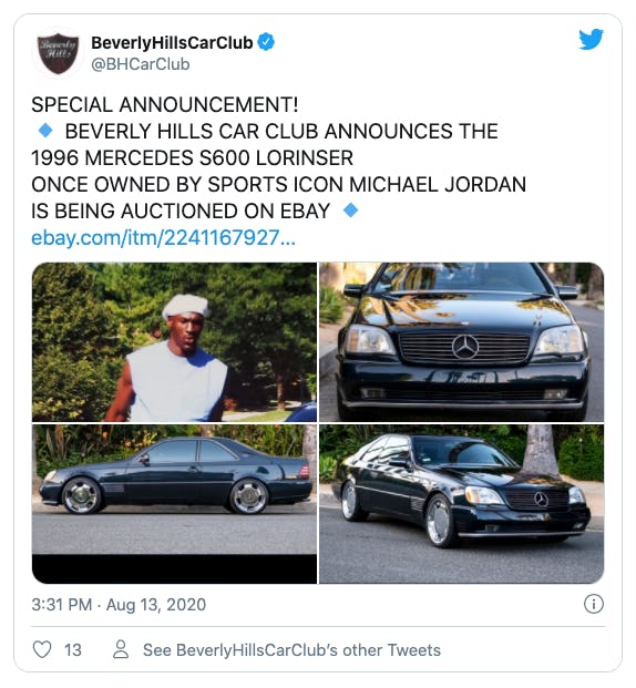 Beverly Hills Car Club Twitter account advertising an auction of a Mercedes-Benz once owned by Micha...