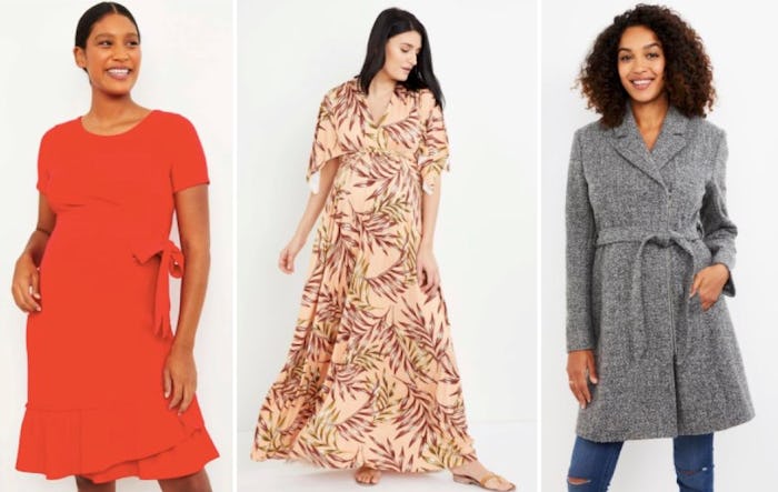 Red dress, floral dress, and grey coat: sampling of maternity clothes you can rent from motherhood r...