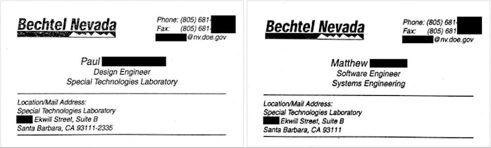 Business cards for two Bechtel employees involved in the secret iPod.
