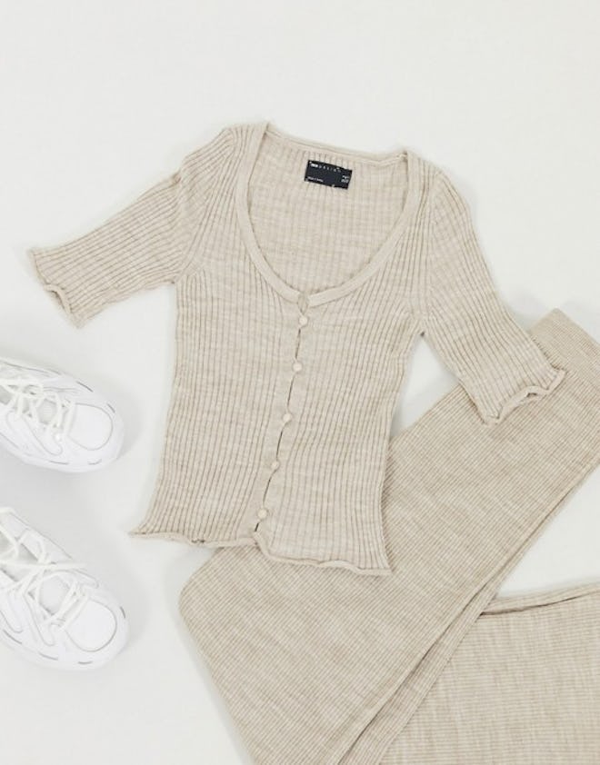 Co-Ord Rib Cardigan With Short Sleeve In Oatmeal