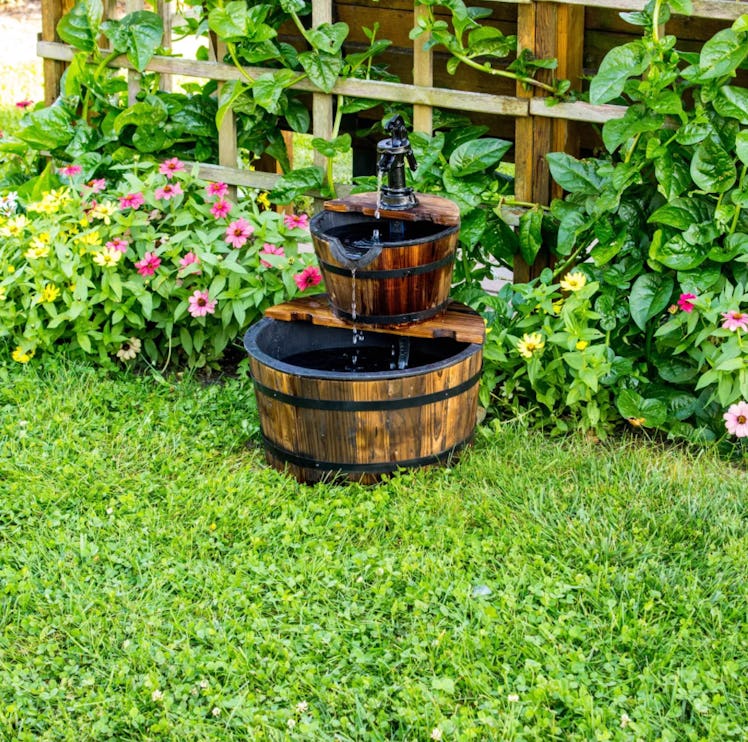 23" Wooden Barrel Water Fountain - Brown - Backyard Expressions