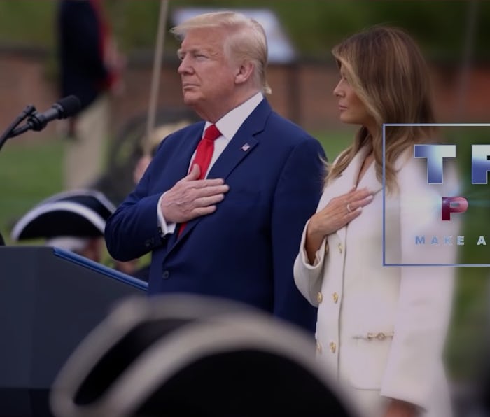 A photo of Donald and Melania Trump with their hands over their hearts.