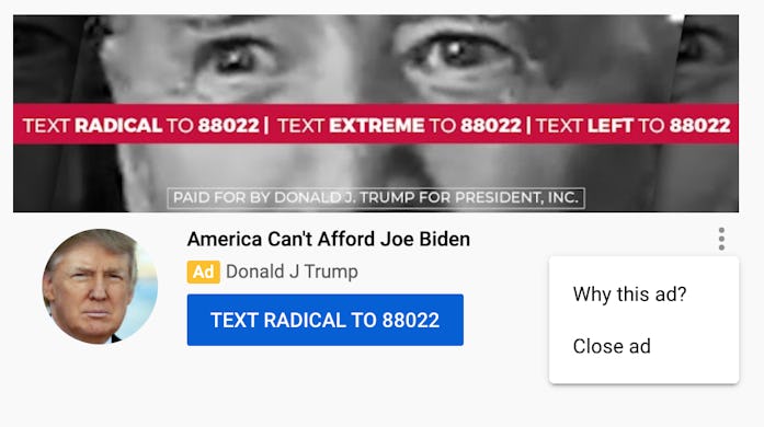 A picture of Trump's YouTube ad showing where to click to "Close Ad."