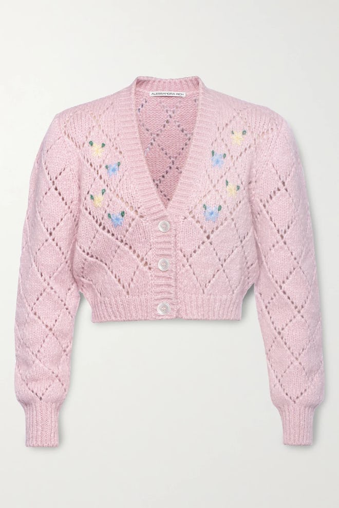 Cropped Embroidered Pointelle-Knit Alpaca Blend Cardigan