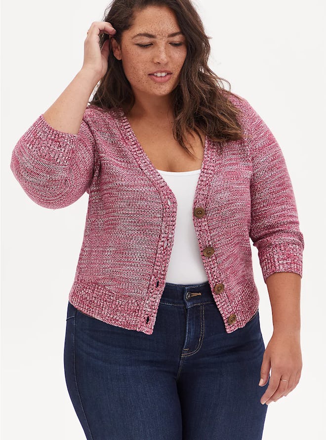 Red Space-Dye Bottom Front  Crop Cardigan