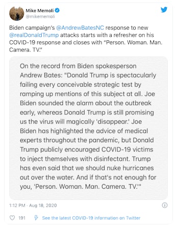 A tweet containing the Biden campaign's response to the ad.