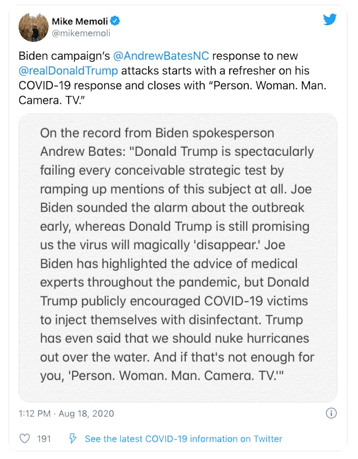 A tweet containing the Biden campaign's response to the ad.