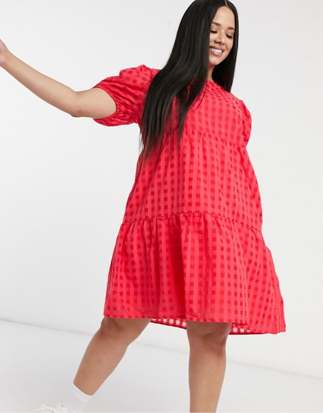 Curve Tiered Smock Dress In Check