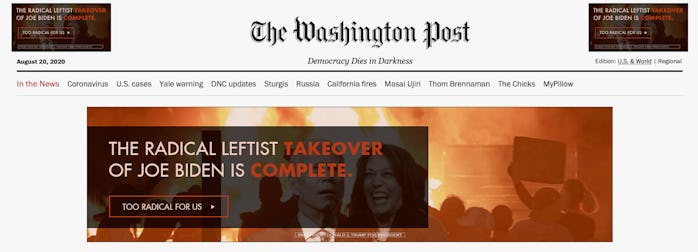 A screenshot of The Washington Post running a pro-Donald Trump ad in which "the Radical Left" is war...