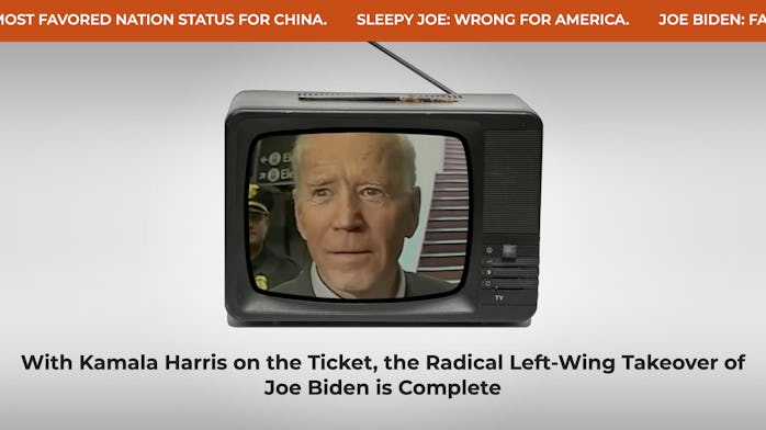A Trump campaign against Joe Biden, in which the latter is seen on an old TV. The title reads: With ...