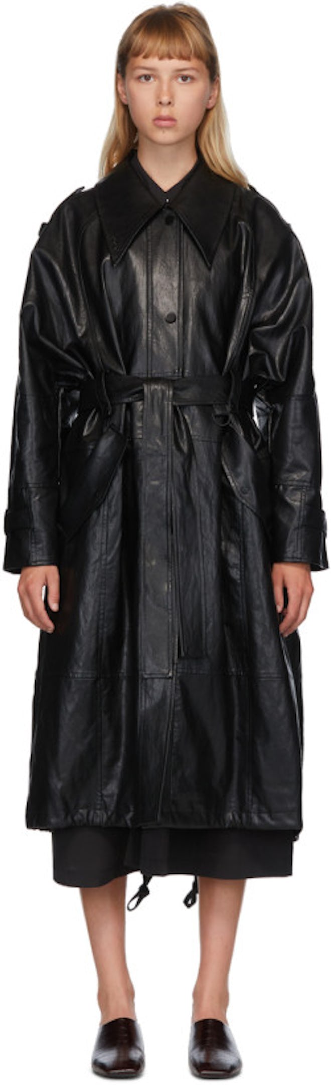Black Faux-Leather Trench Coat