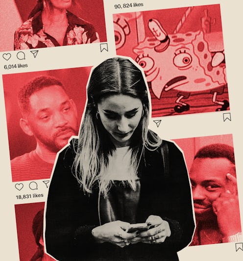 A woman looks at her phone in front of a background with the Spongebob, Will smith and think about i...