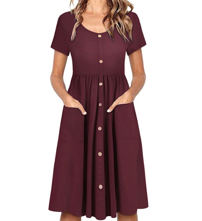 OUGES Women's V Neck Button Down Dress