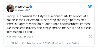 Los Angeles has been cutting off power to homes that host parties during the COVID pandemic.