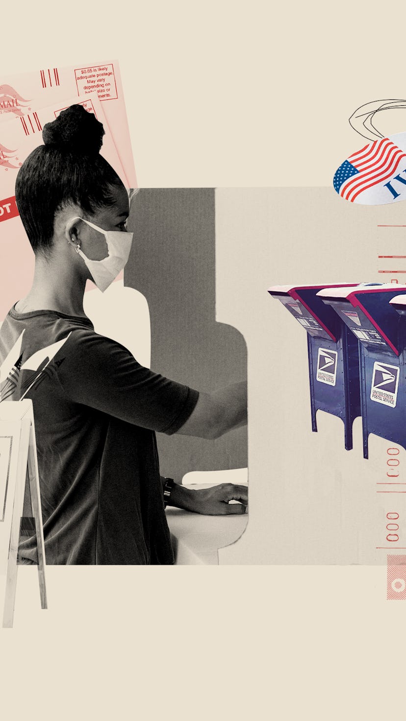 Young female voting but also sticking to all the pandemic protective measures