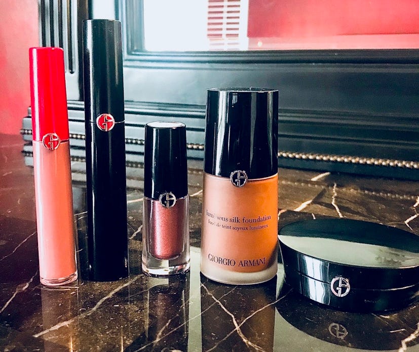 Various bottles of beauty products that Madisin Rian uses during her makeup routine