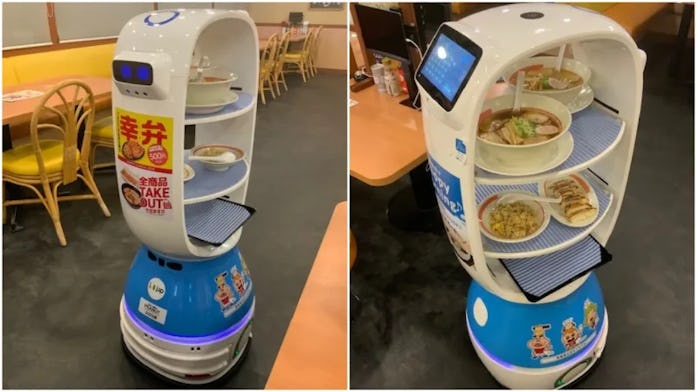 A machine called K-1 can be seen with two shelves carrying separate bowls of ramen. The bottom half ...