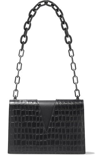 V Cutout Croc-Effect Leather Shoulder Bag