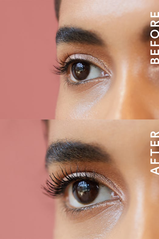 Before and after pictures of EM Cosmetics' Pick Me Up Mascara on eyelashes.