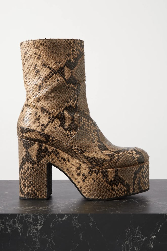 Snake-Effect Leather Platform Ankle Boots