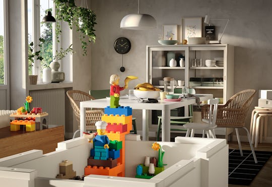 An image of the new Bygglek Ikea Lego and Lego Storage kit in the foreground, with a minifigure chef...