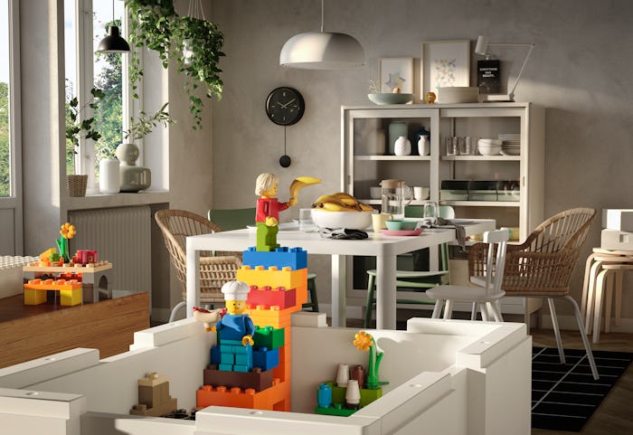An image of the new Bygglek Ikea Lego and Lego Storage kit in the foreground, with a minifigure chef...