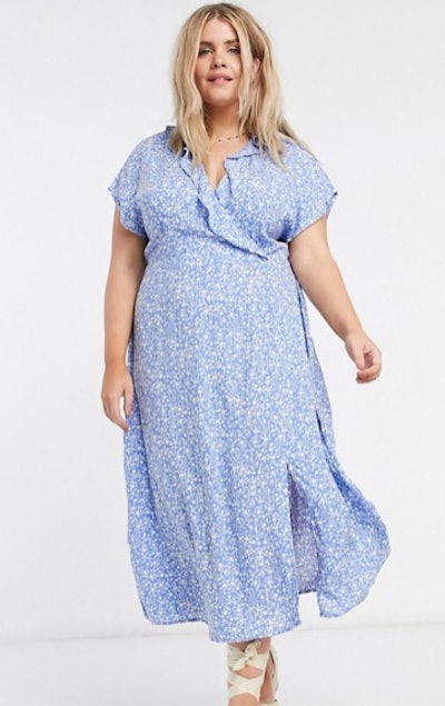New Look Curve midi wrap dress in blue ditsy floral