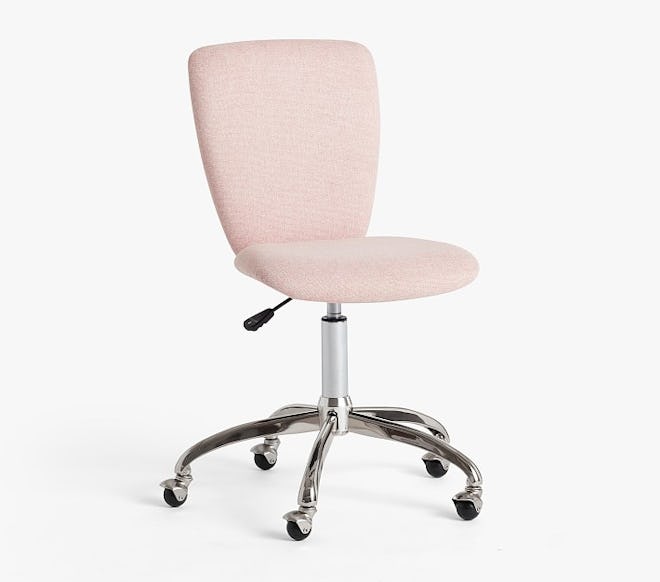 Square Upholstered Desk Chair, Brushed Nickel Base in Heathered Basketweave Blush