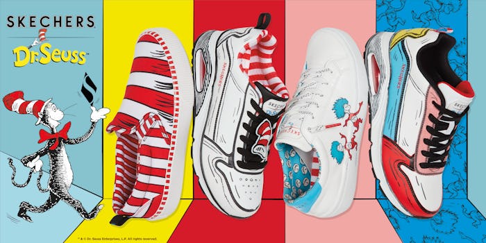 Dr. Seuss Cat in the Hat and four pairs of Skechers sneakers feauring Dr. Seuss characters