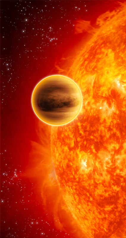 A digital illustration of a planet near the Sun during a solar eruption