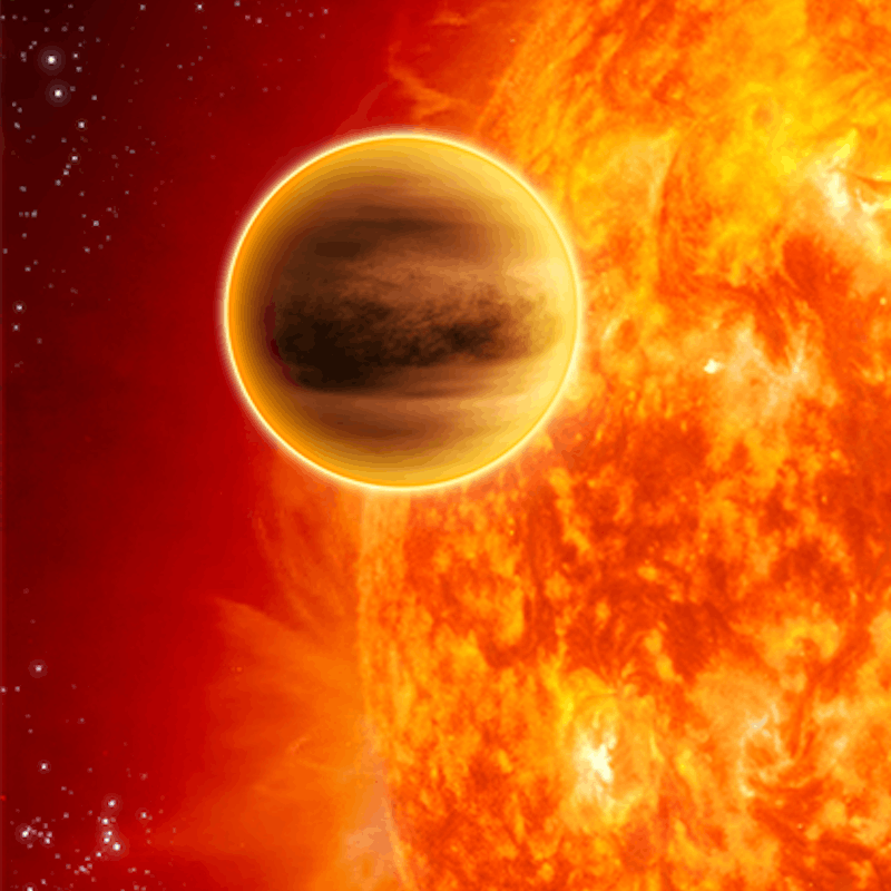 A digital illustration of a planet near the Sun during a solar eruption