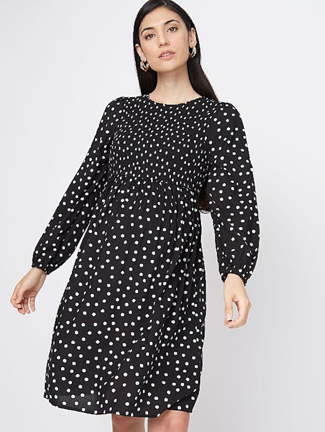 Maternity Black Polka Dot Shirred Mini Dress