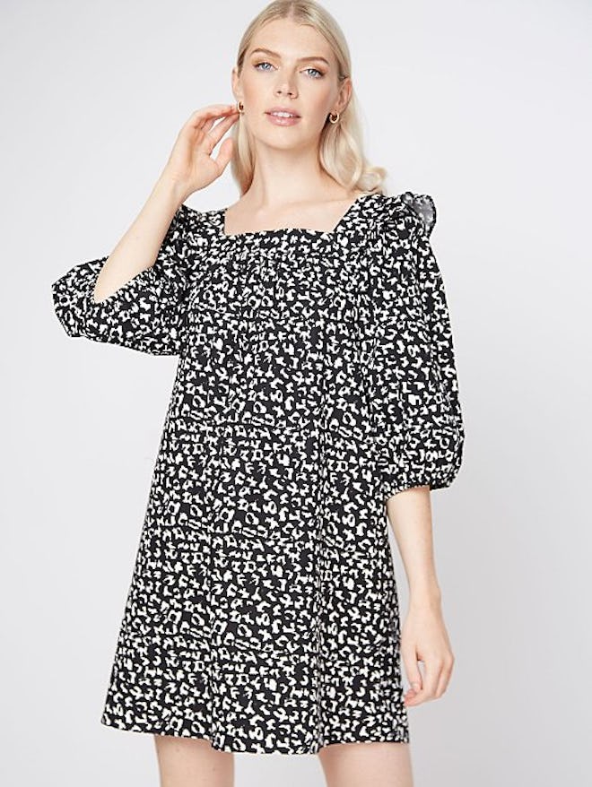 Black Leopard Print Poplin Balloon Sleeve Mini Dress