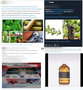A collection of tweets containing misinformation about COVID-19 cures is pictured.