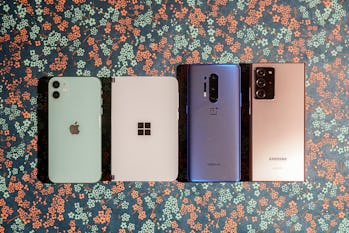 From left to right: iPhone 11, Surface Duo, OnePlus 8 Pro, Galaxy Note 20 Ultra.