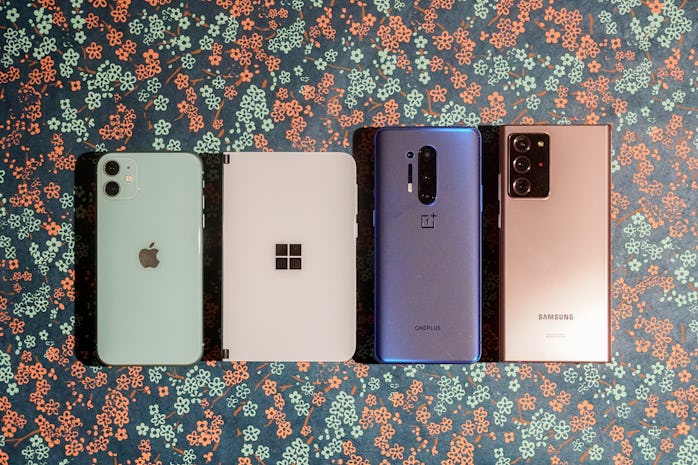 From left to right: iPhone 11, Surface Duo, OnePlus 8 Pro, Galaxy Note 20 Ultra.