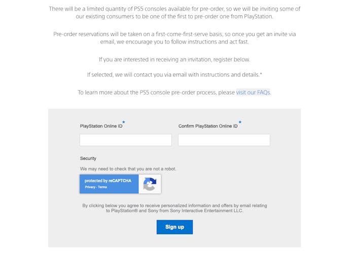 Sony PS5 pre-order page