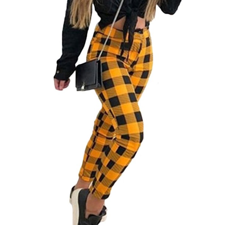 Lallc Women's Plus Size High Waist Plaid Casual Pants Skinny Work Stretch Trousers