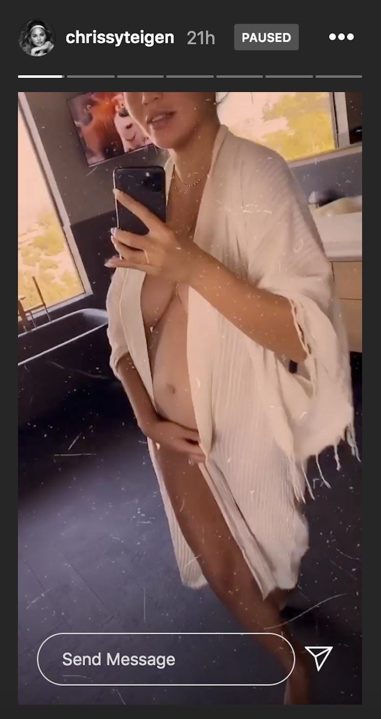 Chrissy Teigen laughed at her growing bump on her Instagram story on Aug. 26.