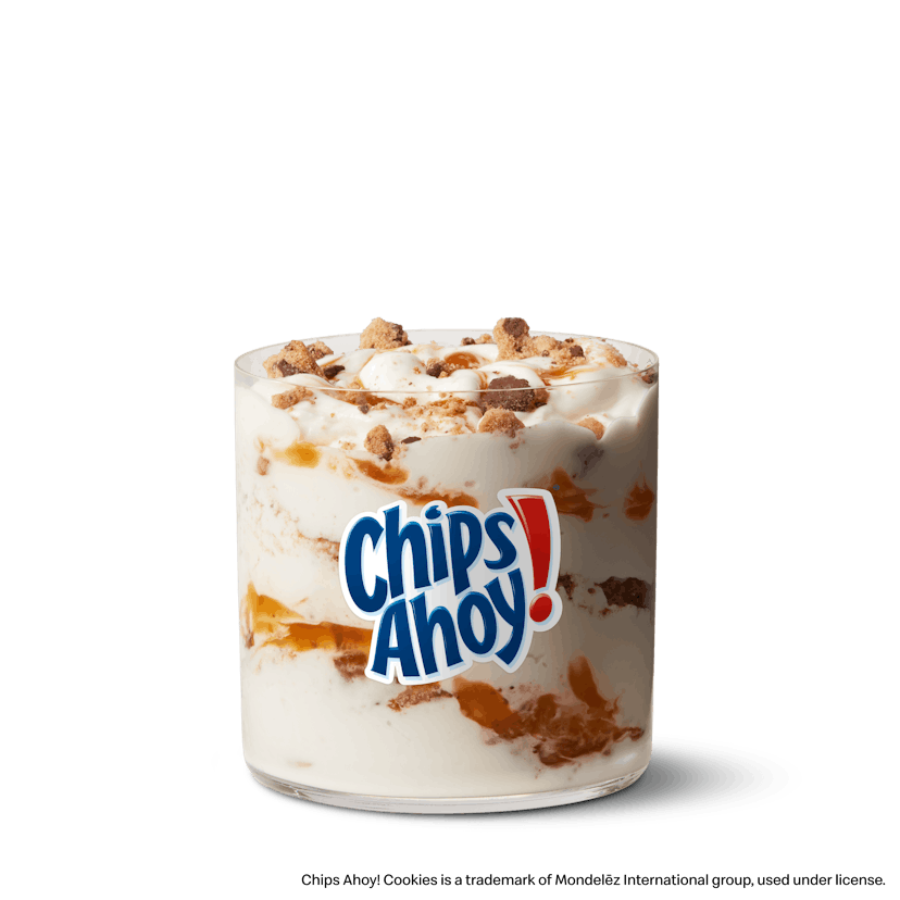 a clear glass that reads "Chips Ahoy!" with layers of ice cream and cookie within.