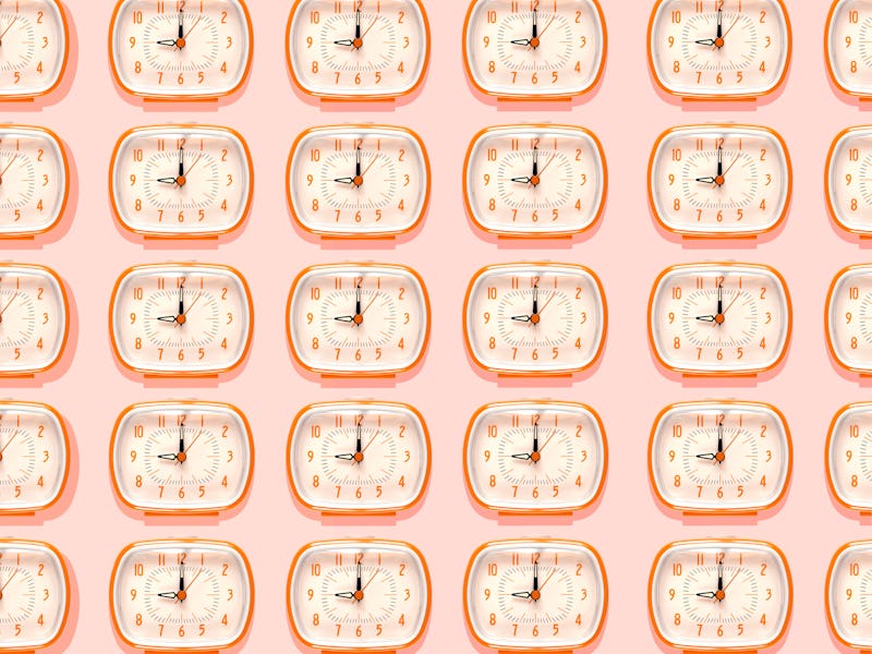 A series of alarm clocks.