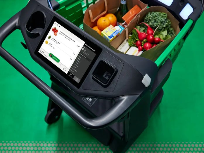 Amazon Dash grocery carts let customers skip the checkout lane. 