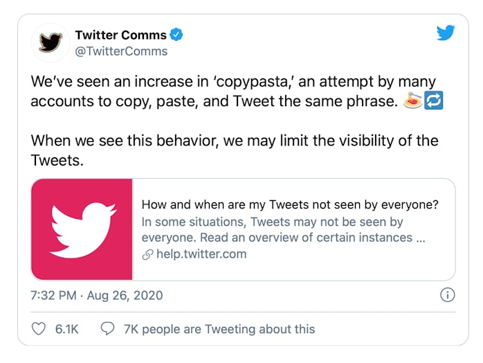 Twitter says it will reduce the distribution of tweets that use phrases copied-and-pasted from other...