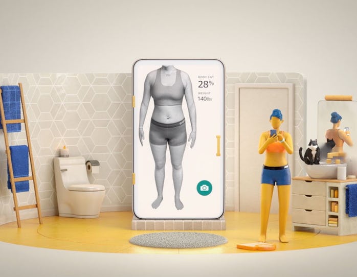 An animated character can be seen in a bathroom with Amazon's Halo app offering a 3D scan of her bod...