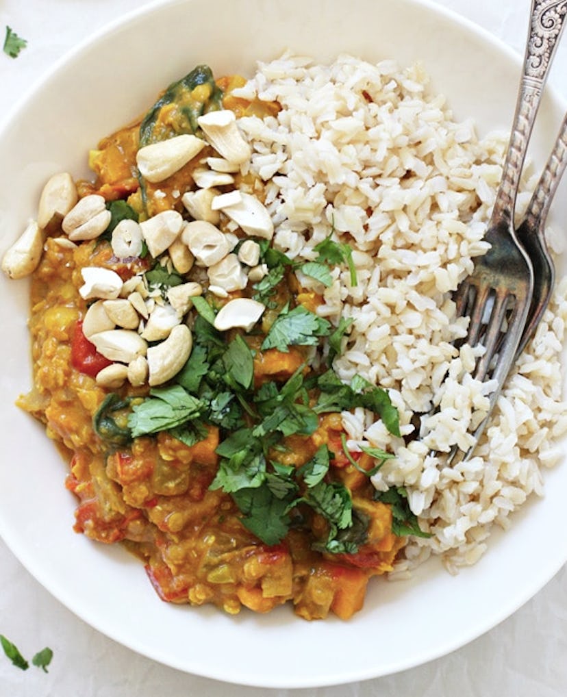 Sweet potato spinach curry in the crock-pot can be made on school nights